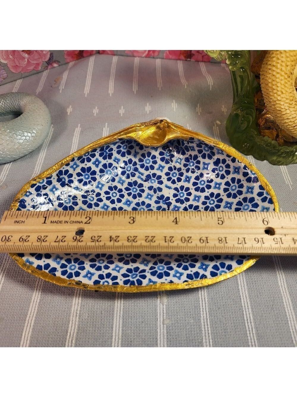 DECOUPAGE CLAM SHELL DECOUPAGE BLUE DESIGN TRINKET DISH - Picture 8 of 13